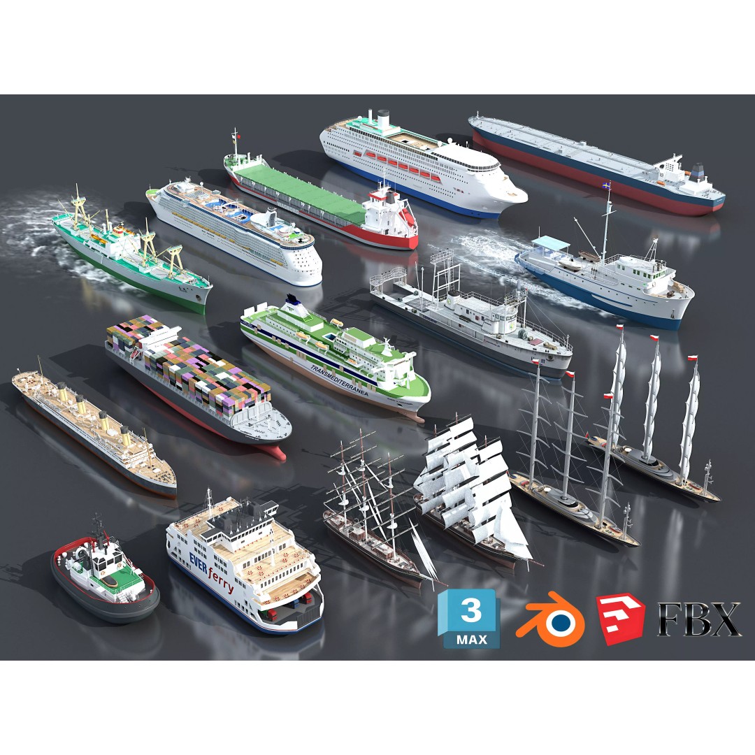 16 Ship 3D Model Pack – Industrial Watercraft, FBX, Blender - View 2