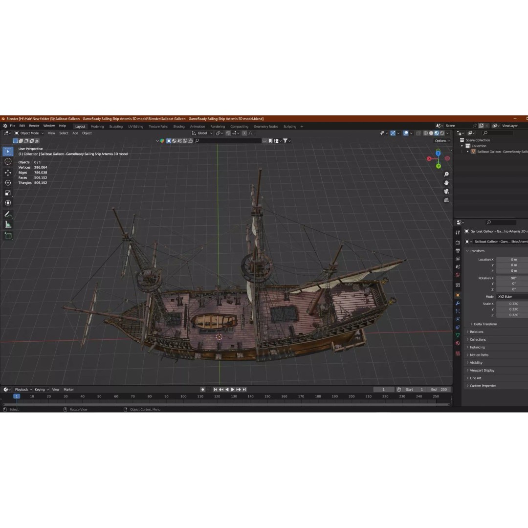 Sailboat Galleon 3D Model – Game Ready Low-Poly Ship, FBX, OBJ