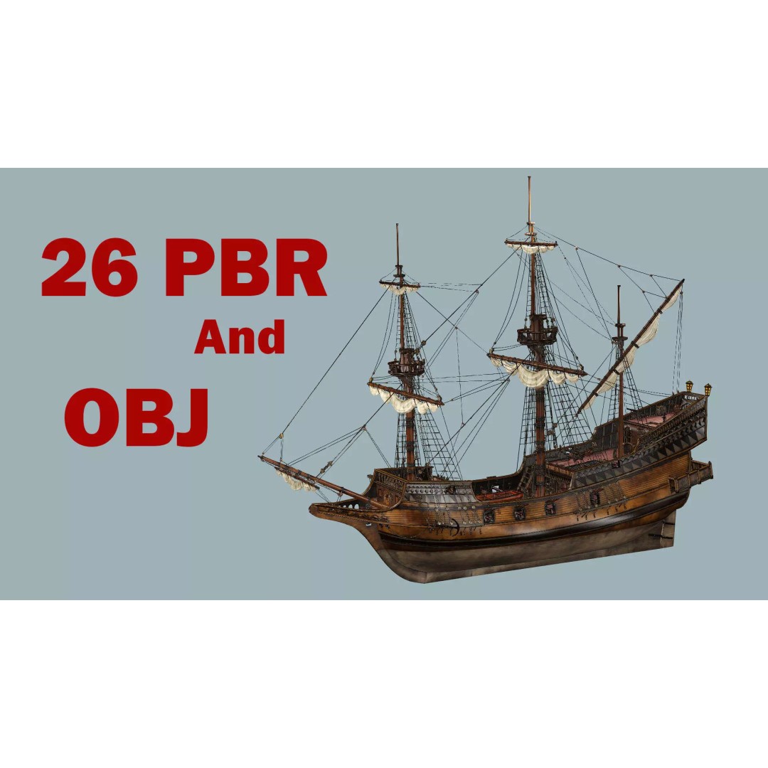 Sailboat Galleon 3D Model – Game Ready Low-Poly Ship, FBX, OBJ - View 2