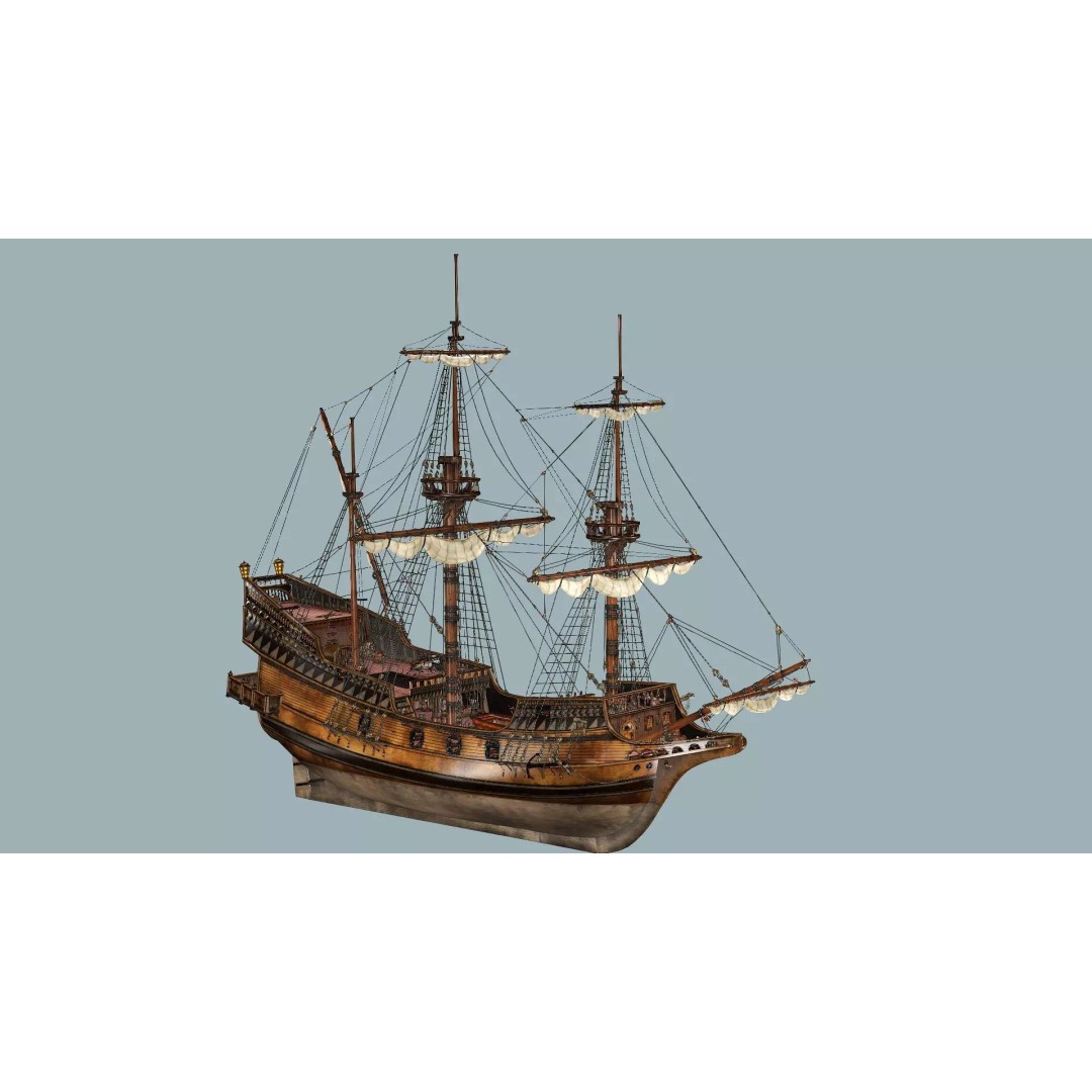 Sailboat Galleon 3D Model – Game Ready Low-Poly Ship, FBX, OBJ - View 3