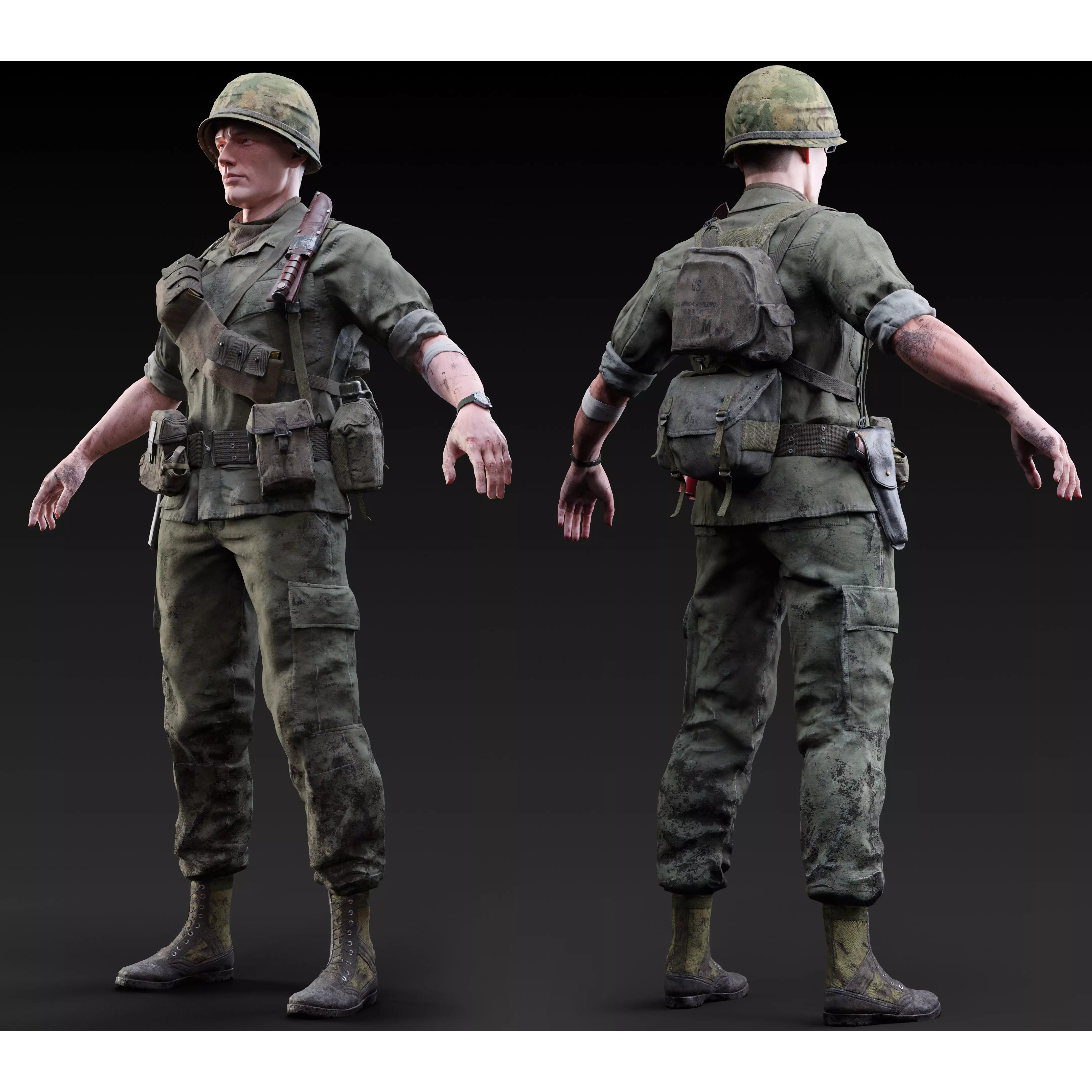 Vietnam War American Soldier - Low-Poly Game-Ready 3D Model - View 2