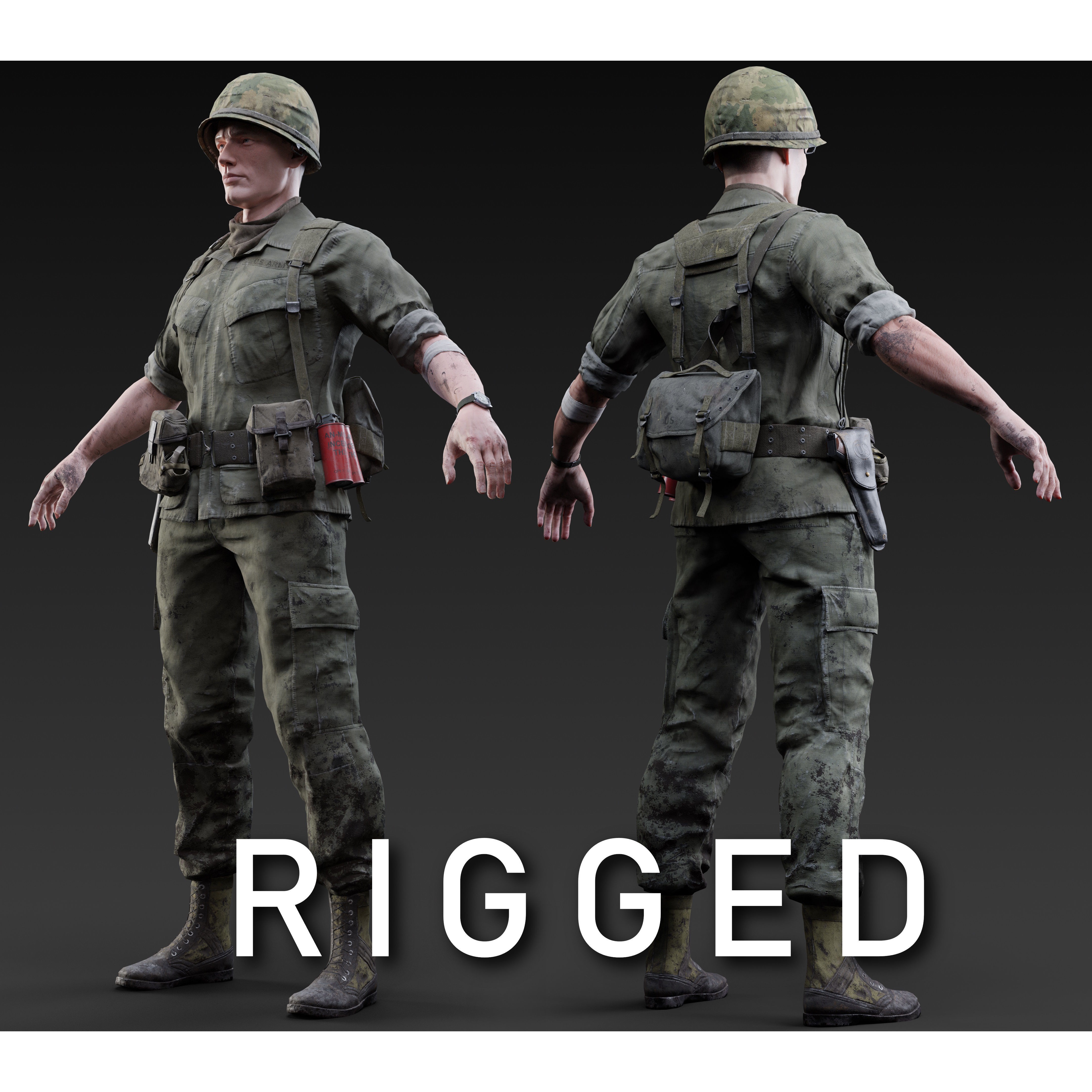 Vietnam War American Soldier - Low-Poly Game-Ready 3D Model - View 4