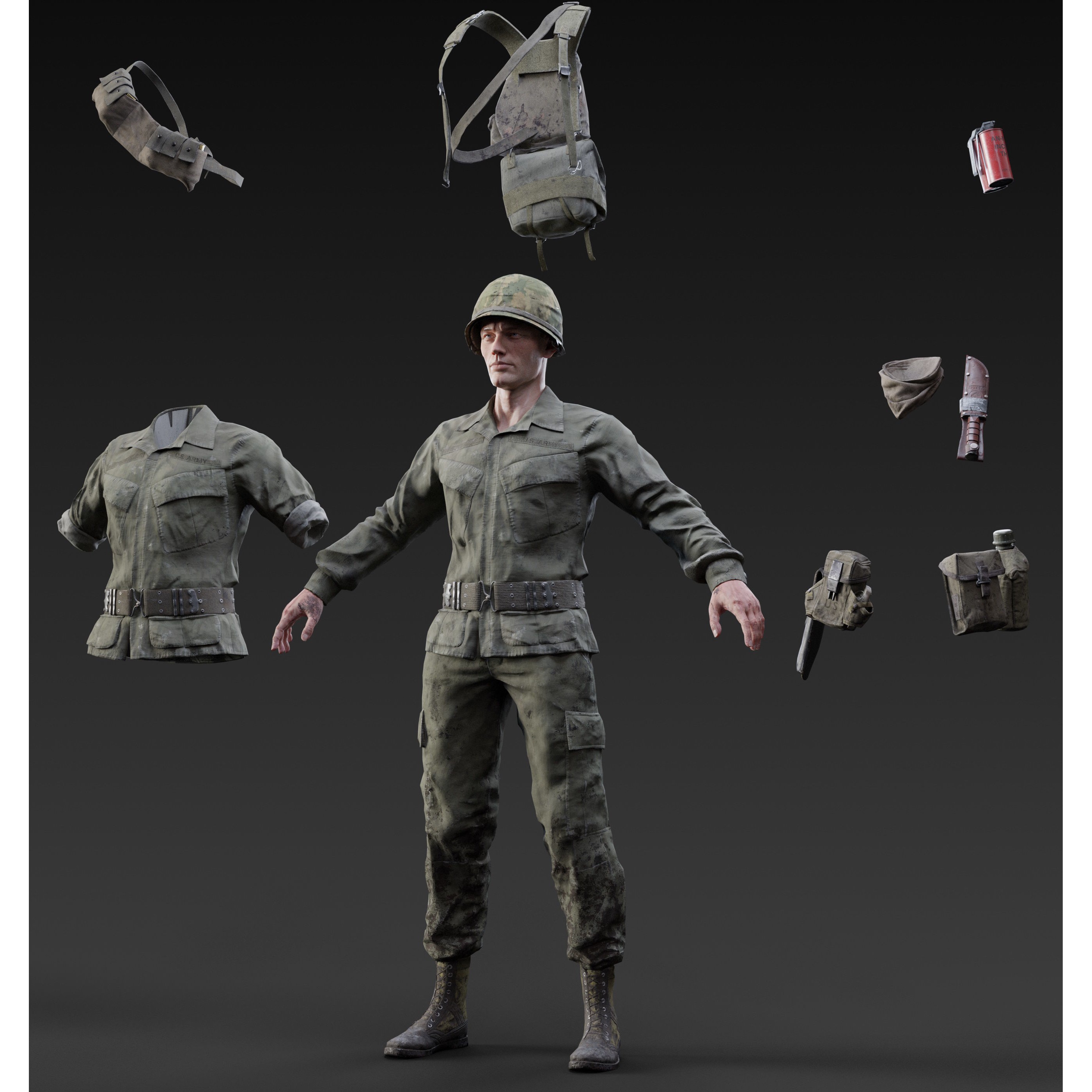 Vietnam War American Soldier - Low-Poly Game-Ready 3D Model - View 7