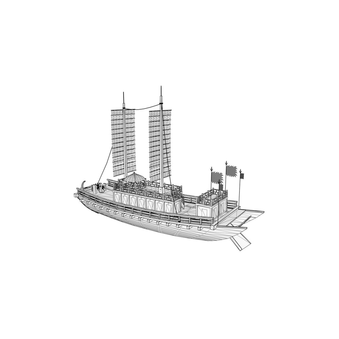 Korean Japanese Medieval Ship Set 3D Model – Historical Watercraft, PBR Textures - View 11
