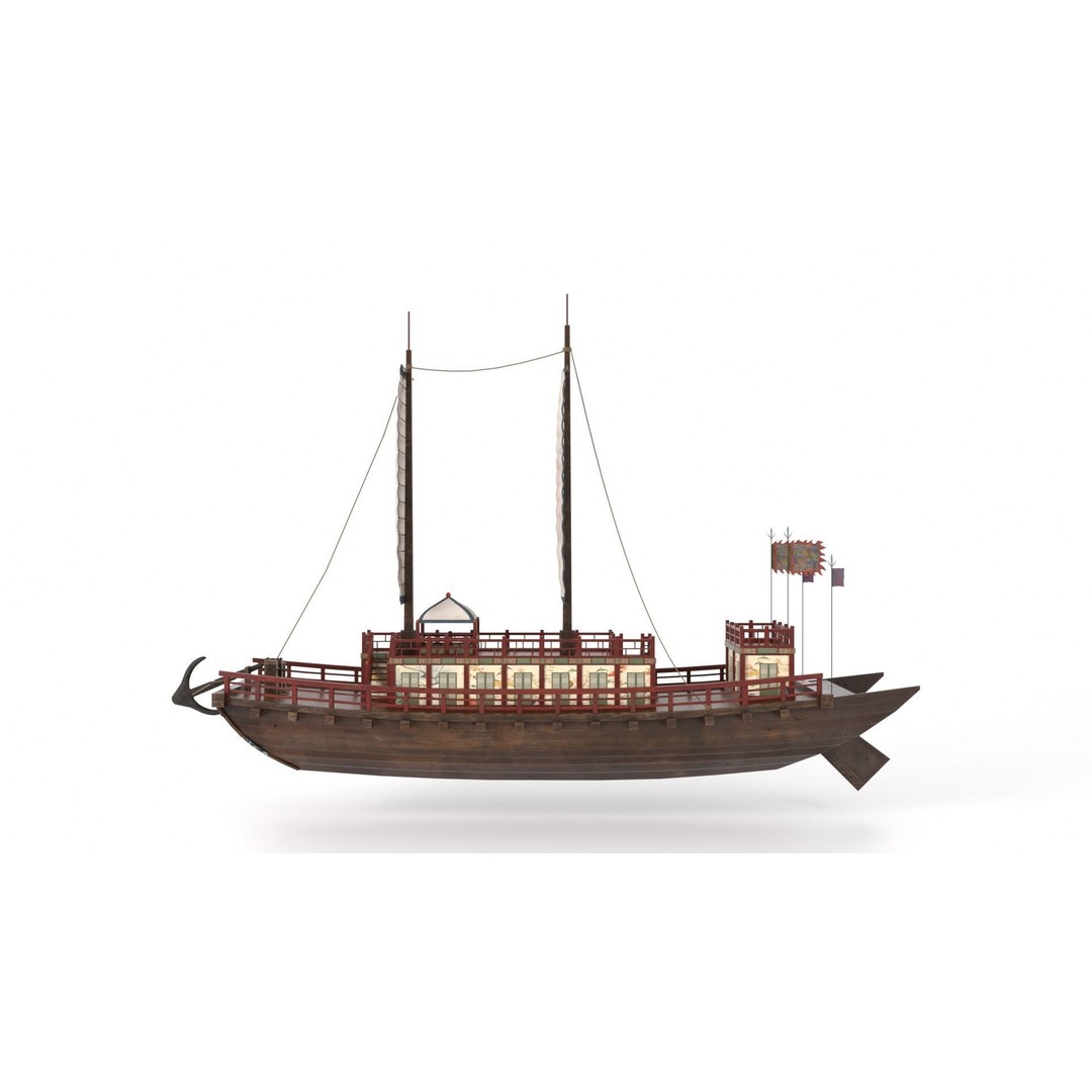 Korean Japanese Medieval Ship Set 3D Model – Historical Watercraft, PBR Textures - View 12