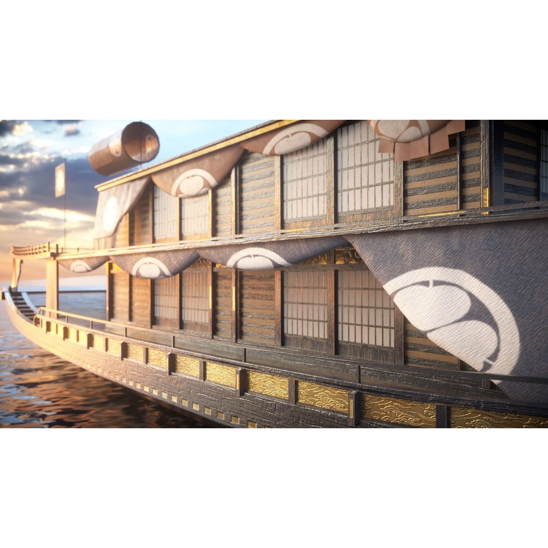 Korean Japanese Medieval Ship Set 3D Model – Historical Watercraft, PBR Textures - View 19