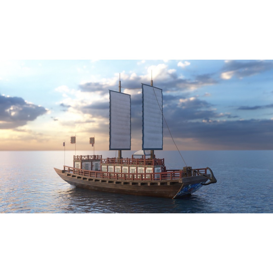 Korean Japanese Medieval Ship Set 3D Model – Historical Watercraft, PBR Textures - View 3