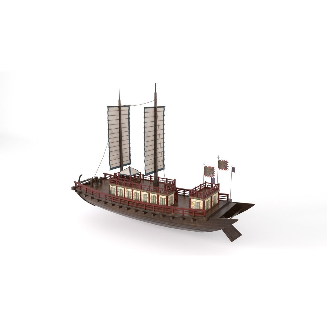 Korean Japanese Medieval Ship Set 3D Model – Historical Watercraft, PBR Textures - View 9