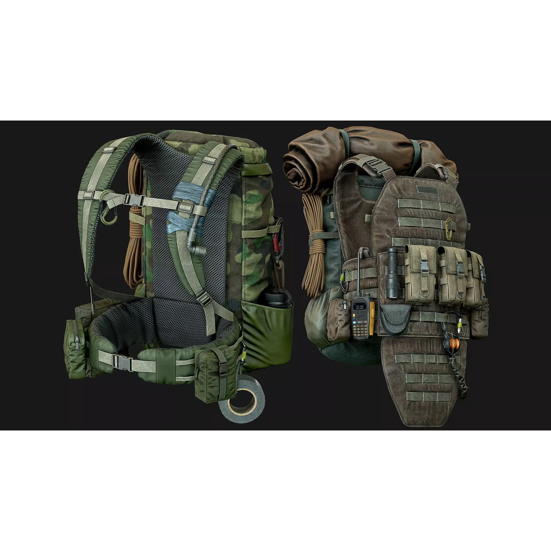 Vest Backpacks and Survival Kits - Low-Poly Game-Ready 3D Model - View 2