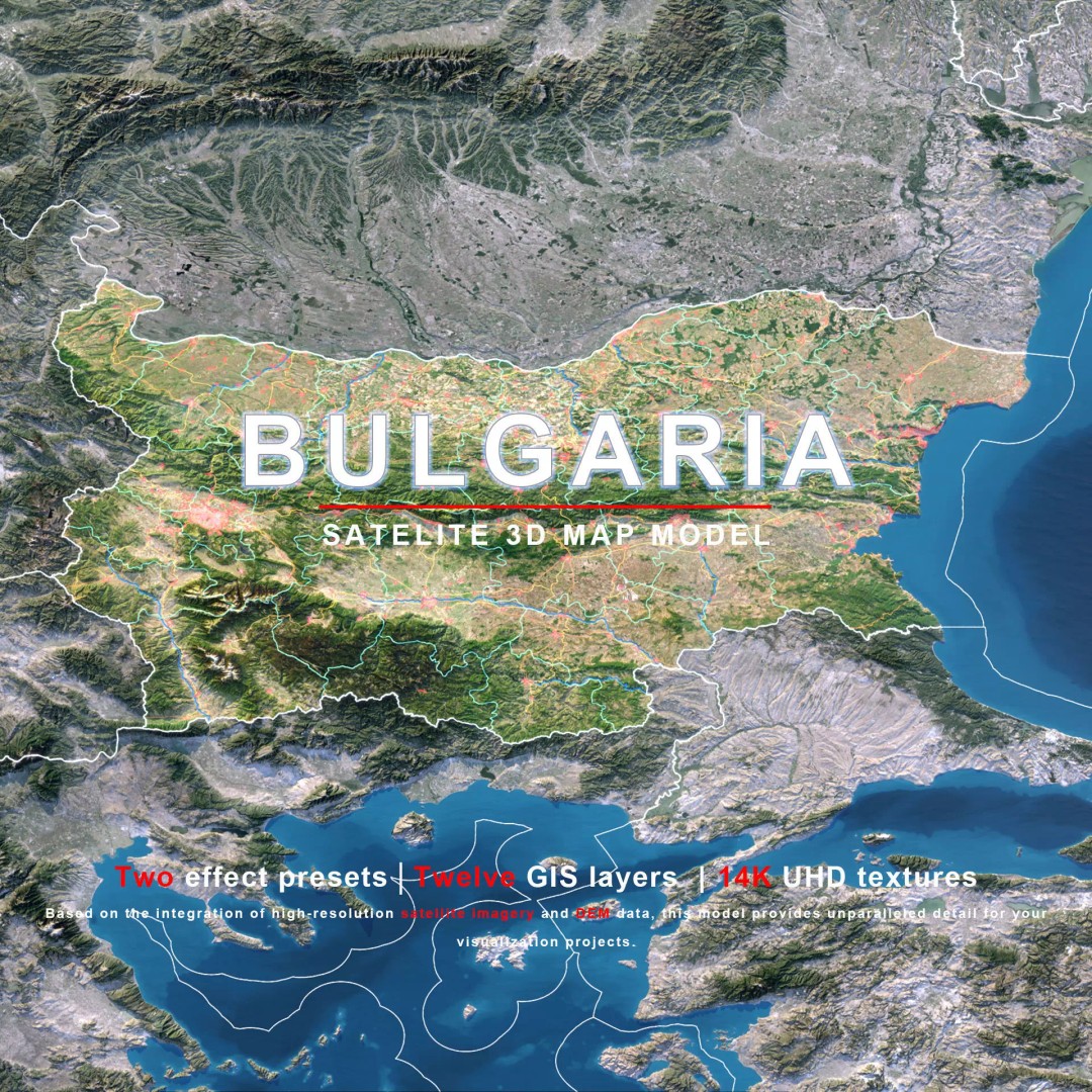 Bulgaria Map 3D Model – Realistic Satellite Terrain, FBX, OBJ, 14K Textures - View 2