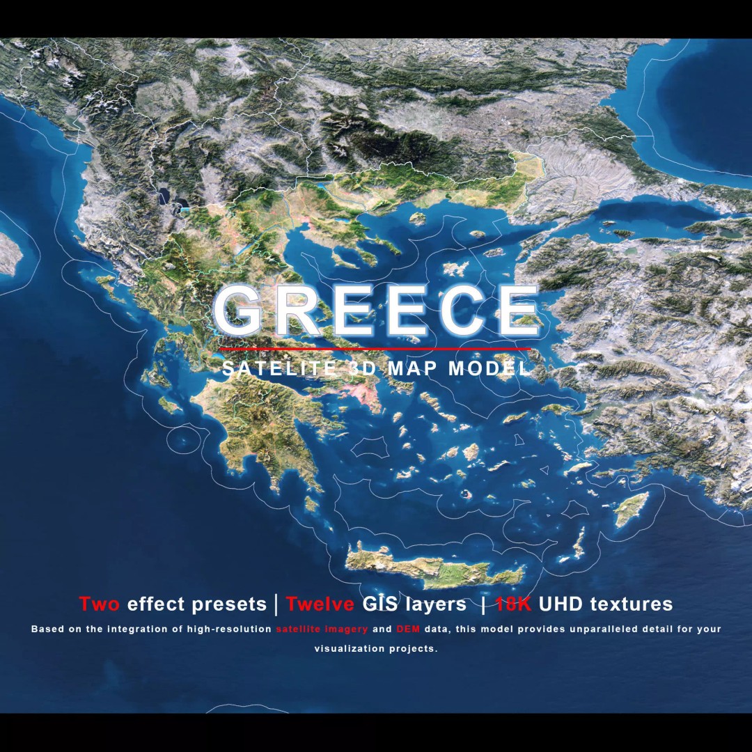 Greece Map 3D Model – Realistic Satellite Terrain with Textures, FBX, OBJ - View 2