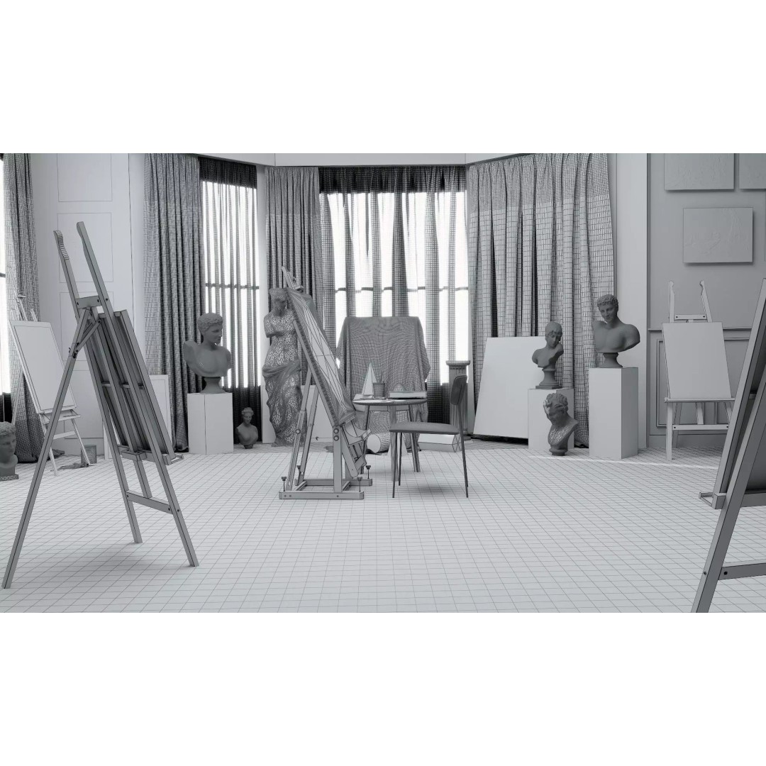 Artist Studio Interior 3D Model – Low Poly Art Room with Easel and Sculptures