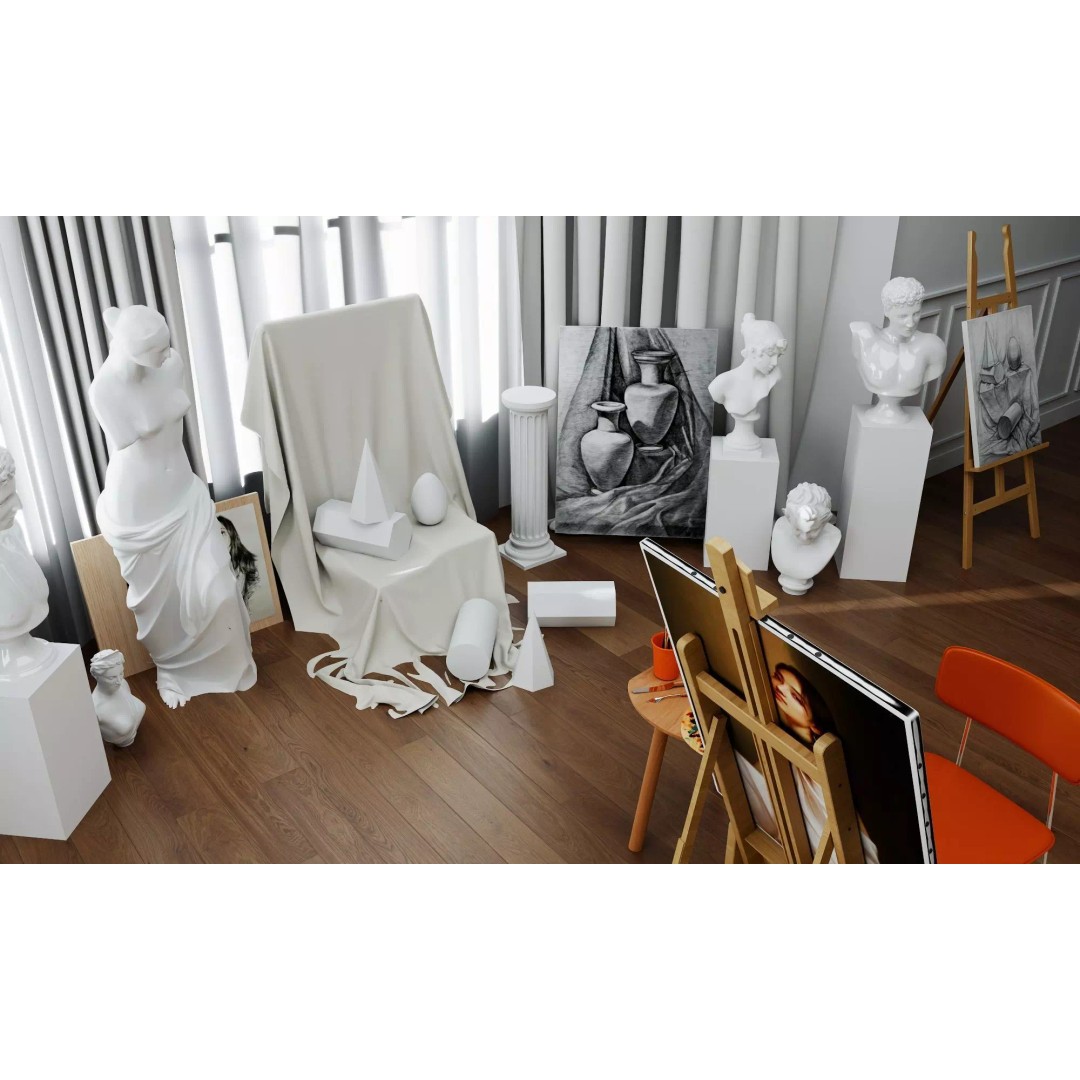 Artist Studio Interior 3D Model – Low Poly Art Room with Easel and Sculptures - View 11
