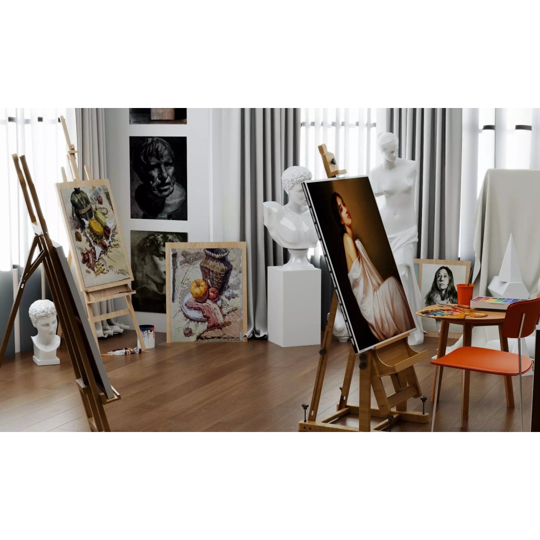 Artist Studio Interior 3D Model – Low Poly Art Room with Easel and Sculptures - View 12