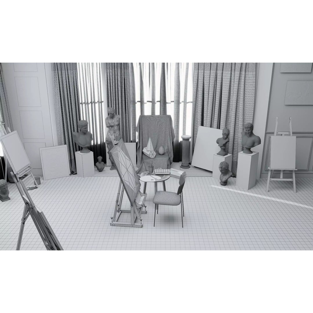 Artist Studio Interior 3D Model – Low Poly Art Room with Easel and Sculptures - View 13