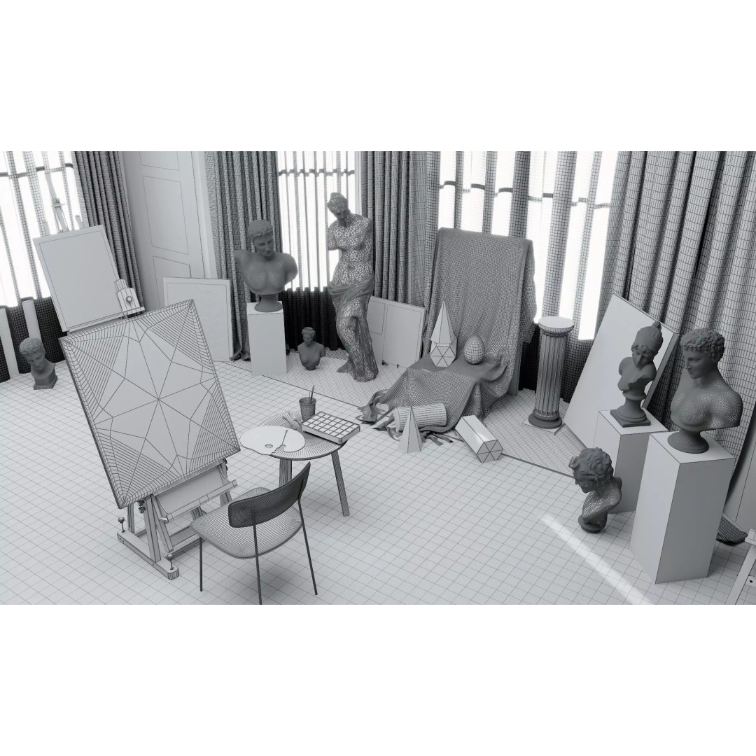 Artist Studio Interior 3D Model – Low Poly Art Room with Easel and Sculptures - View 15