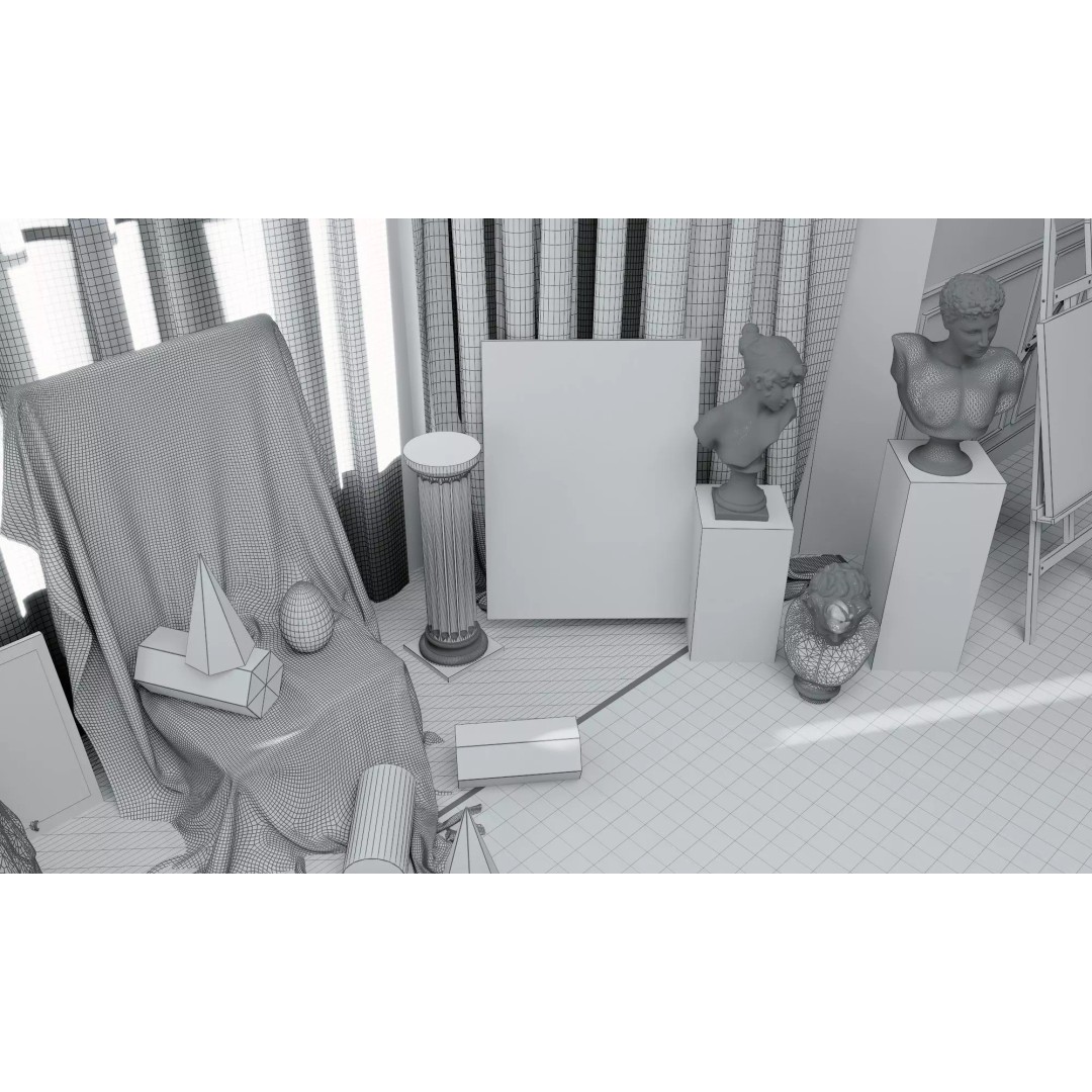 Artist Studio Interior 3D Model – Low Poly Art Room with Easel and Sculptures - View 16
