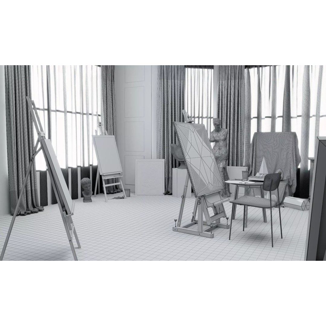 Artist Studio Interior 3D Model – Low Poly Art Room with Easel and Sculptures - View 17