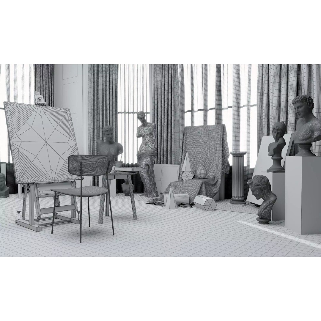 Artist Studio Interior 3D Model – Low Poly Art Room with Easel and Sculptures - View 19