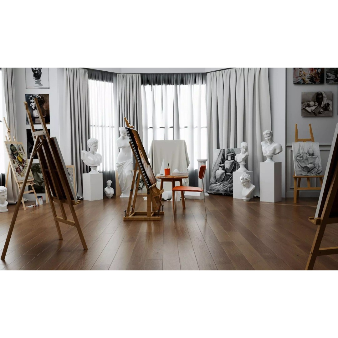 Artist Studio Interior 3D Model – Low Poly Art Room with Easel and Sculptures - View 2