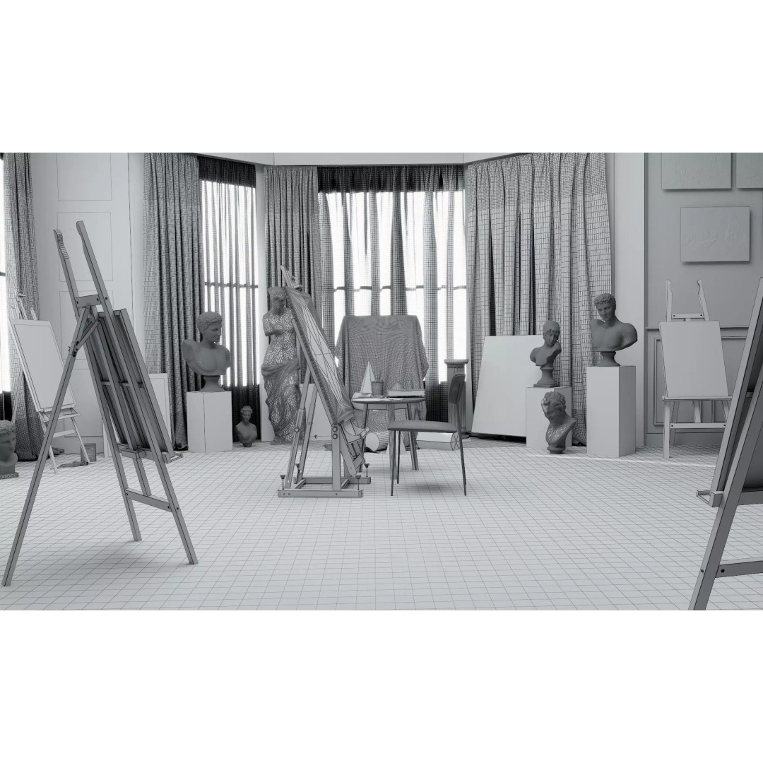 Artist Studio Interior 3D Model – Low Poly Art Room with Easel and Sculptures - View 20