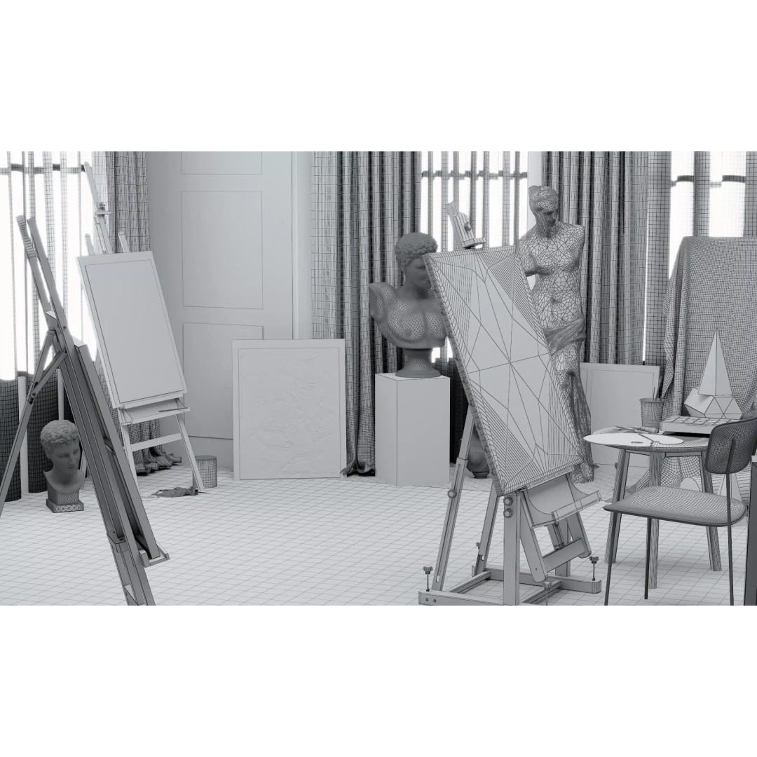 Artist Studio Interior 3D Model – Low Poly Art Room with Easel and Sculptures - View 22