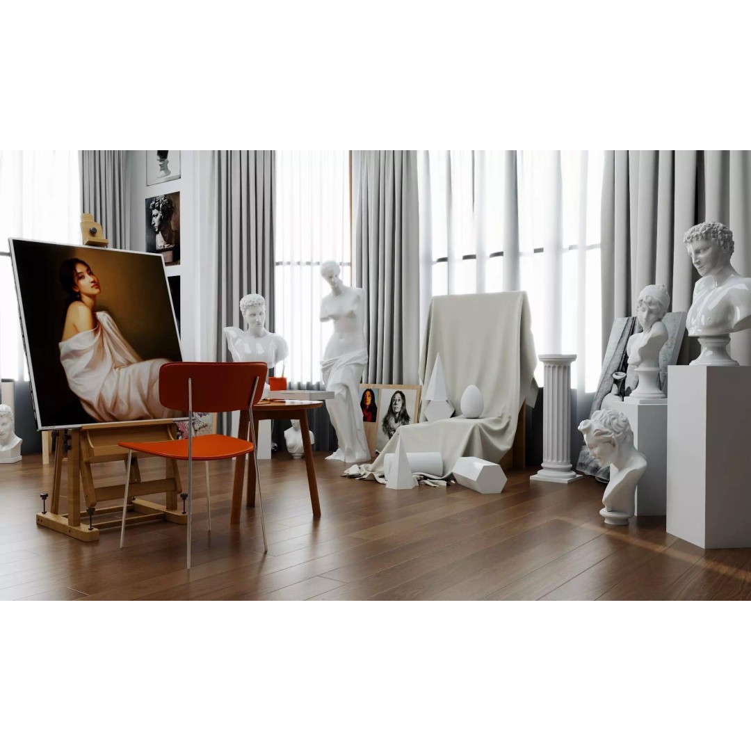Artist Studio Interior 3D Model – Low Poly Art Room with Easel and Sculptures - View 3