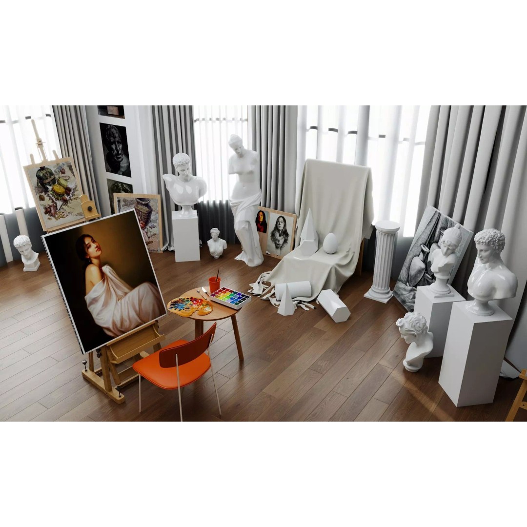 Artist Studio Interior 3D Model – Low Poly Art Room with Easel and Sculptures - View 5