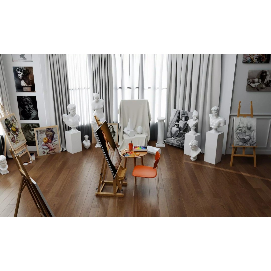 Artist Studio Interior 3D Model – Low Poly Art Room with Easel and Sculptures - View 7