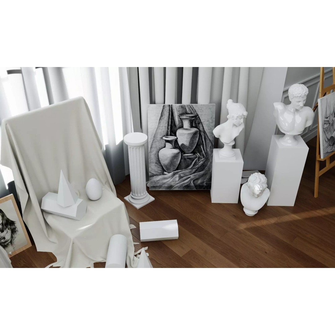 Artist Studio Interior 3D Model – Low Poly Art Room with Easel and Sculptures - View 8