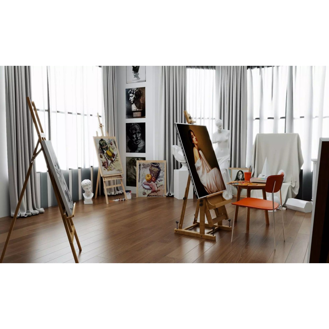 Artist Studio Interior 3D Model – Low Poly Art Room with Easel and Sculptures - View 9