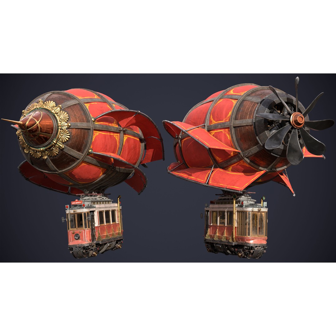 Steampunk Airship 3D Model – High Poly Game Asset, FBX, OBJ - View 3
