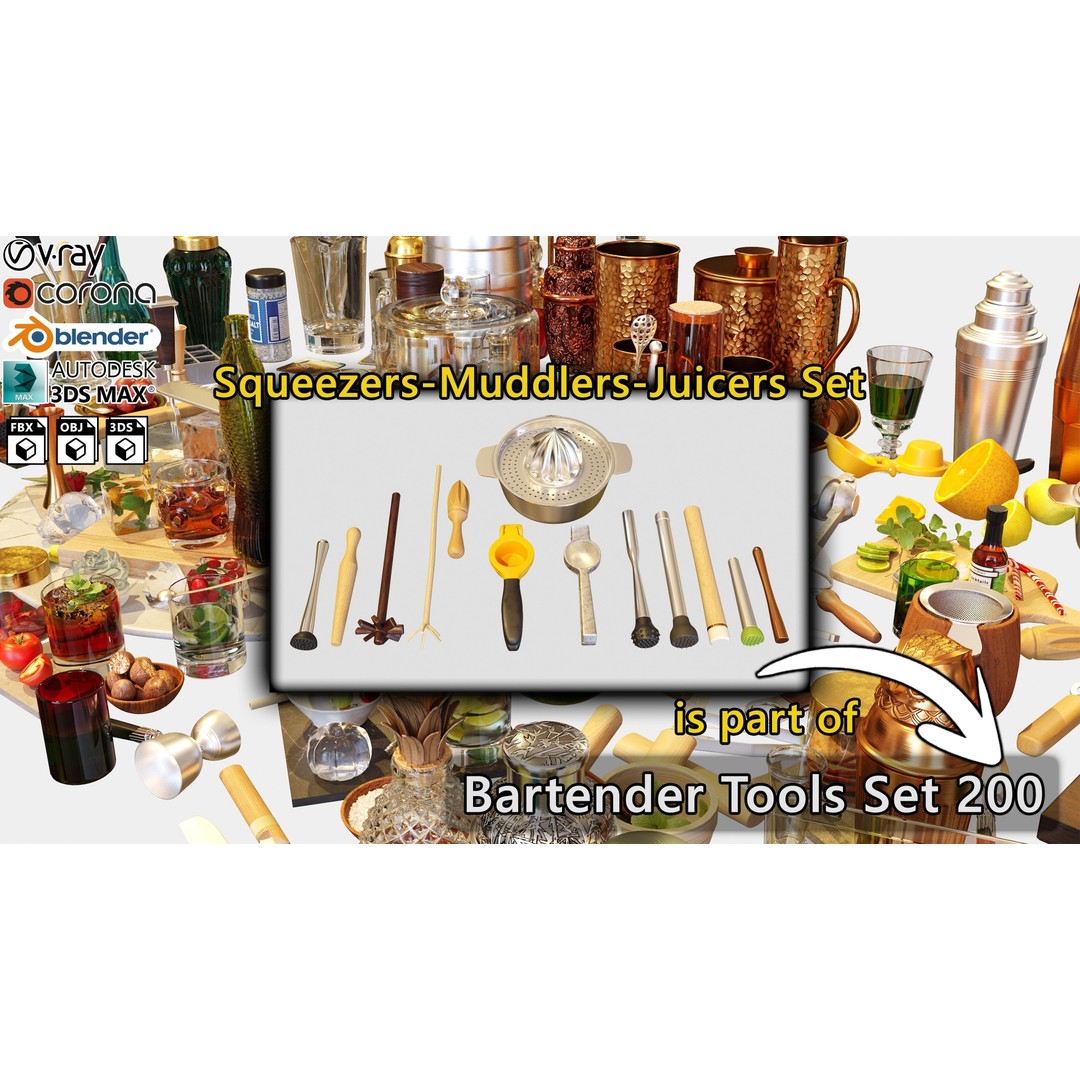 Bartender Tools Set 3D Model – PBR Kitchenware Asset, FBX, OBJ, Blender - View 3