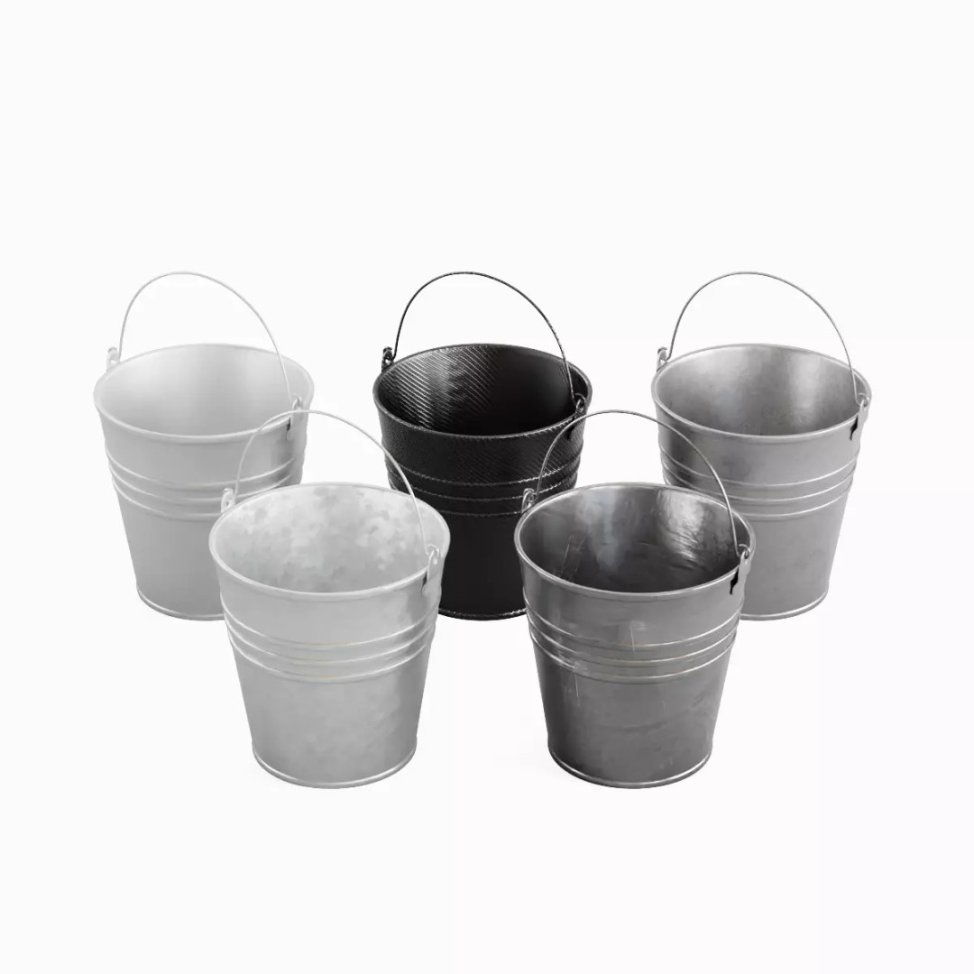 Steel Bucket Set 3D Model – Mid Poly PBR Textured Asset, FBX, Blender - View 2