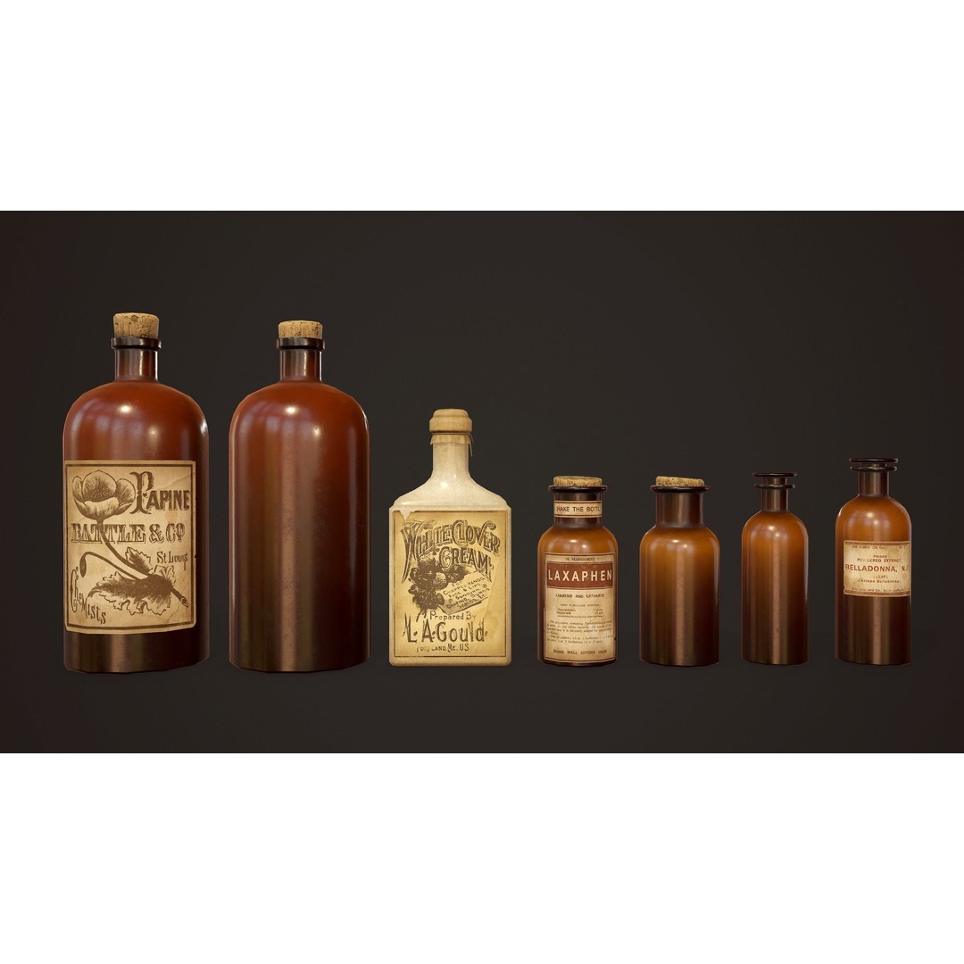 Antique Apothecary Bottles 3D Model – Low Poly Game Ready PBR Asset, FBX - View 10