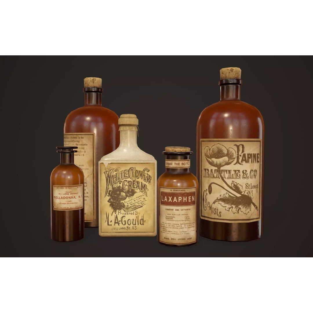 Antique Apothecary Bottles 3D Model – Low Poly Game Ready PBR Asset, FBX - View 2