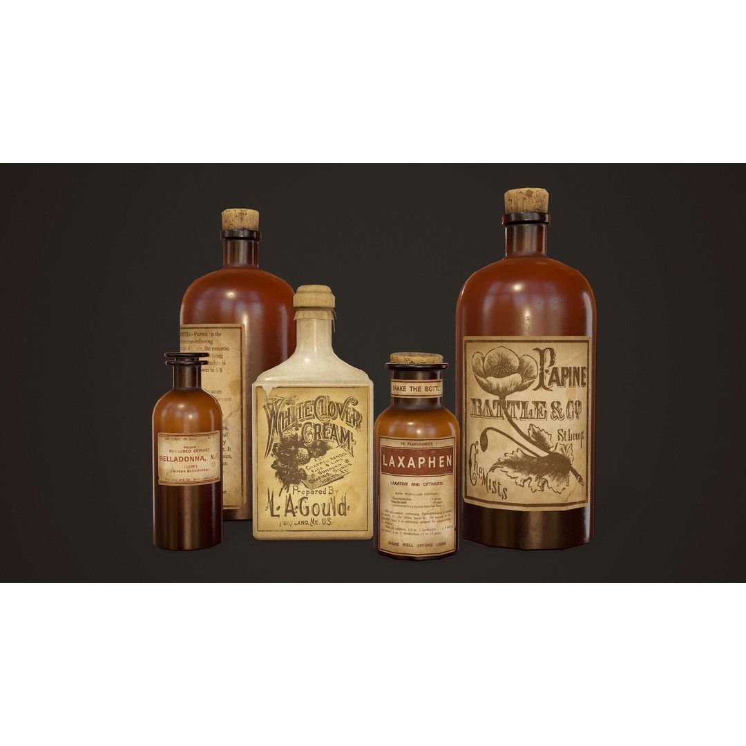 Antique Apothecary Bottles 3D Model – Low Poly Game Ready PBR Asset, FBX - View 3
