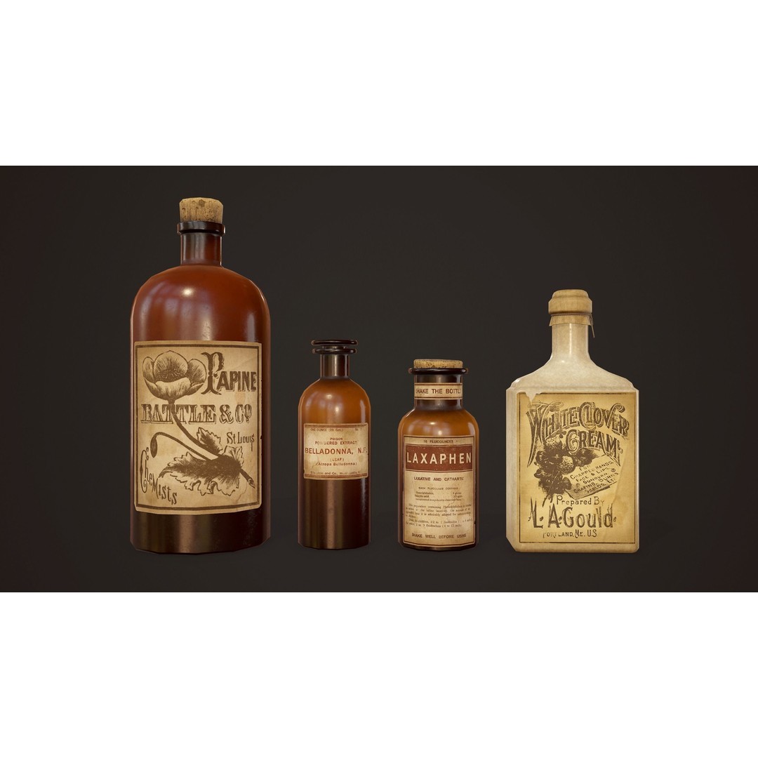 Antique Apothecary Bottles 3D Model – Low Poly Game Ready PBR Asset, FBX - View 4