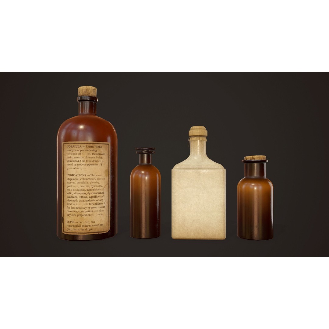 Antique Apothecary Bottles 3D Model – Low Poly Game Ready PBR Asset, FBX - View 9