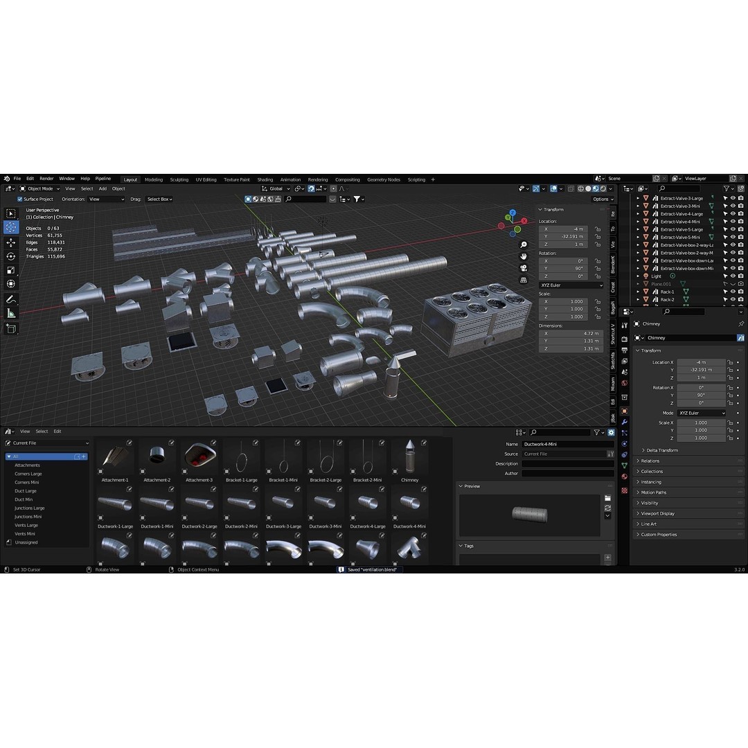 Ventilation System 3D Model – Low Poly Asset Kit with 61 Components, FBX