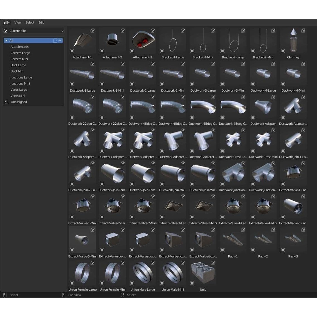 Ventilation System 3D Model – Low Poly Asset Kit with 61 Components, FBX - View 3