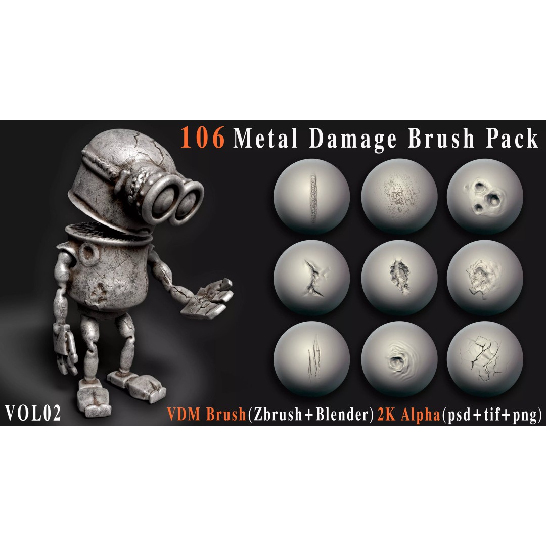 Metal Damage Brush Pack 3D Model – VDM & Alpha Textures for ZBrush & Blender - View 2