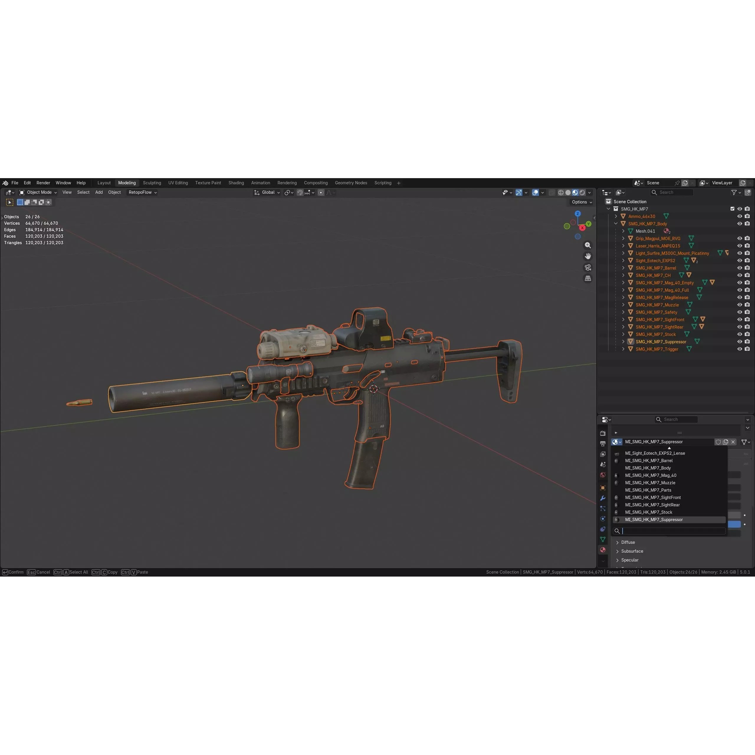 HK MP7 A2 SMG - Low-Poly Game-Ready 3D Model