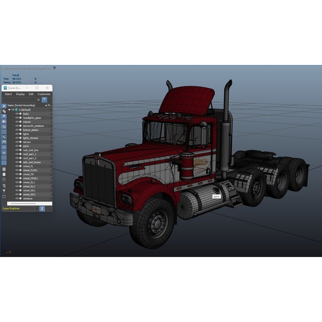 Kenworth W900A Day Cab 3D Model – Low Poly Game Ready Vehicle, FBX - View 39