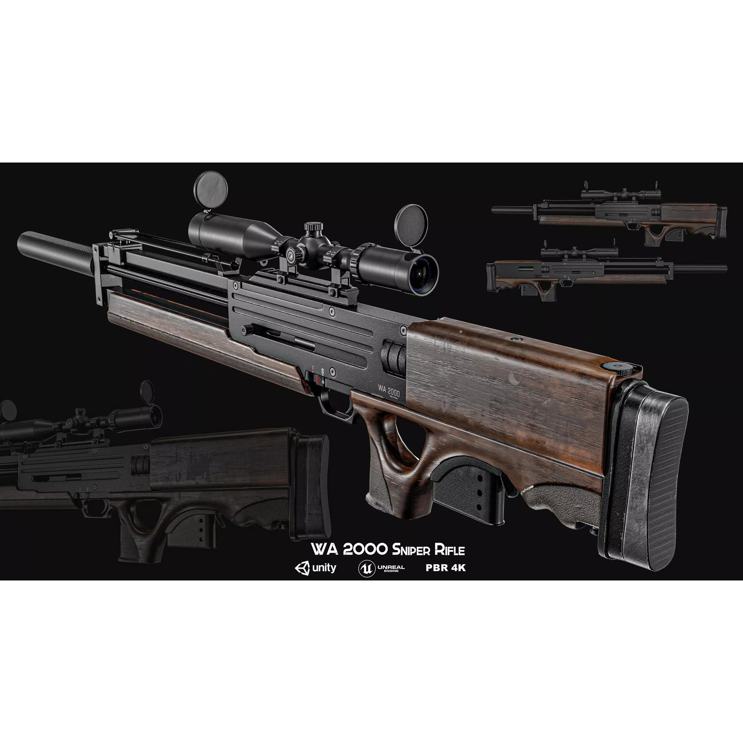 WA 2000 Sniper Rifle - Low-Poly Game-Ready 3D Model - View 2