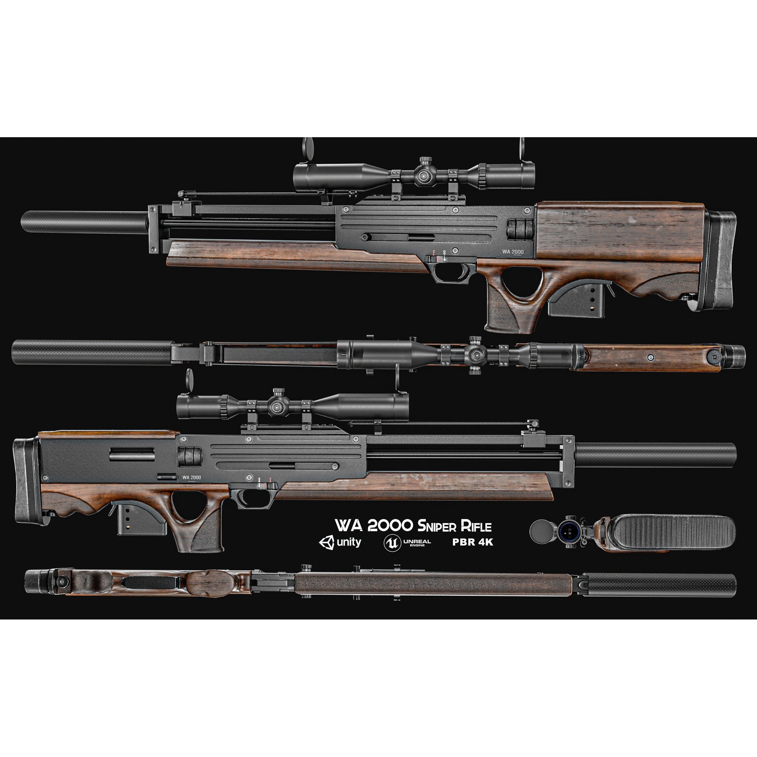 WA 2000 Sniper Rifle - Low-Poly Game-Ready 3D Model - View 3