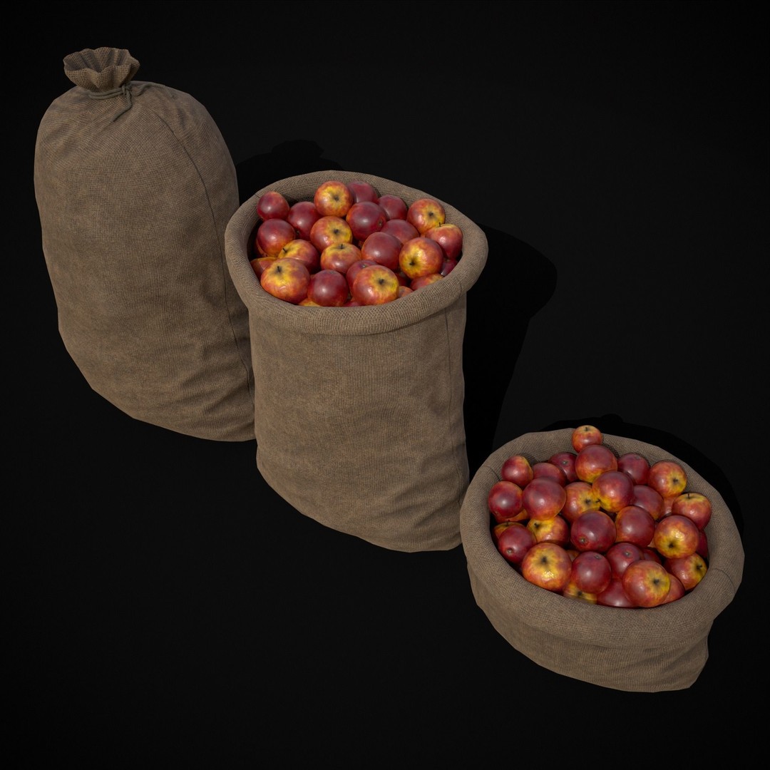 Burlap Sacks of Red Apples 3D Model – Low Poly PBR Asset, FBX, OBJ - View 14