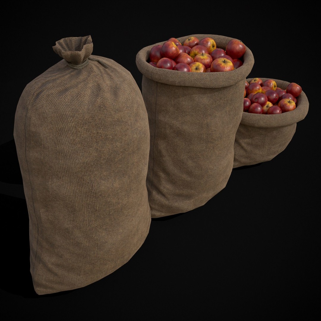 Burlap Sacks of Red Apples 3D Model – Low Poly PBR Asset, FBX, OBJ - View 16