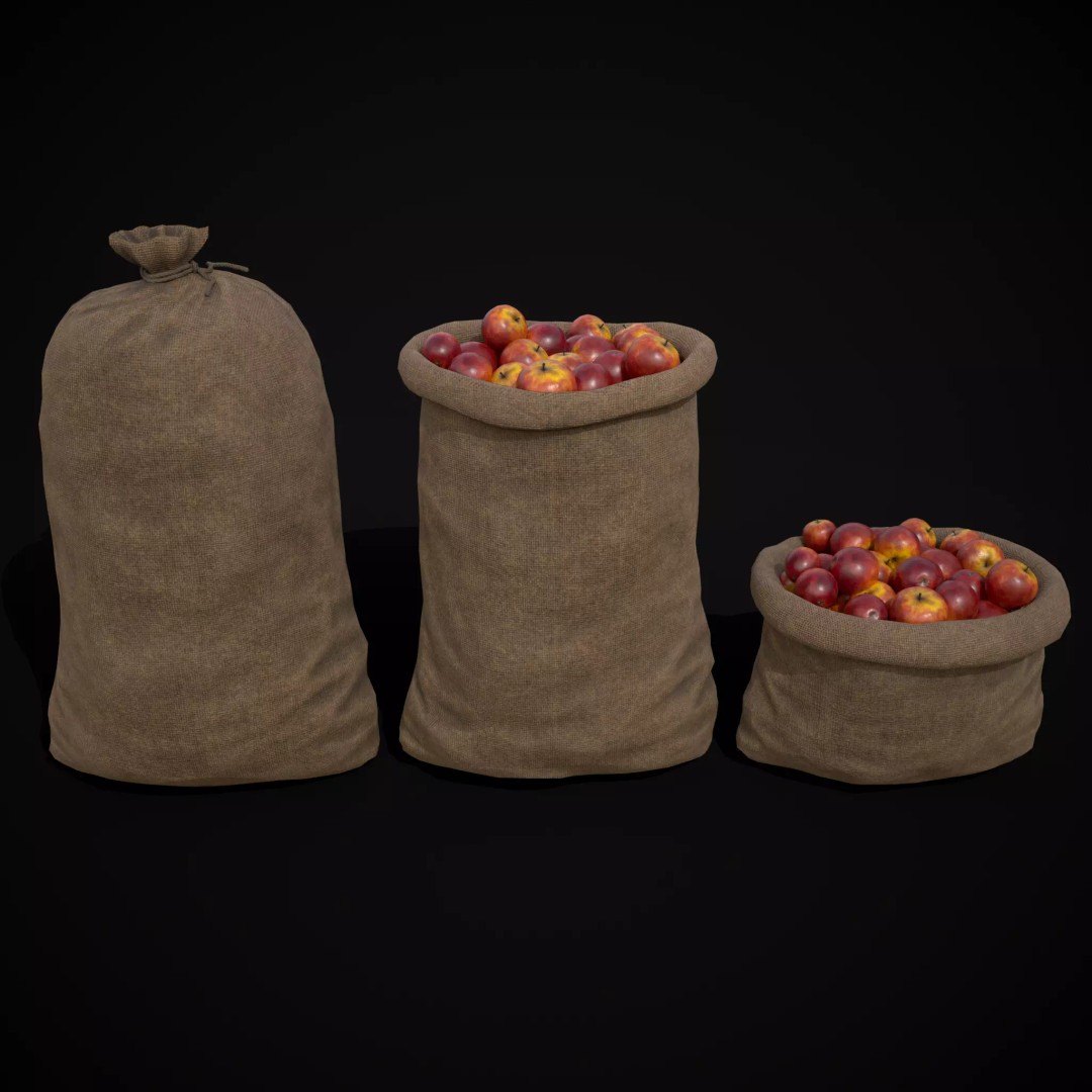 Burlap Sacks of Red Apples 3D Model – Low Poly PBR Asset, FBX, OBJ - View 2