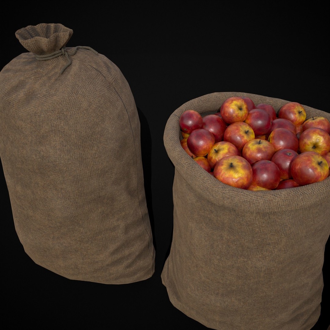 Burlap Sacks of Red Apples 3D Model – Low Poly PBR Asset, FBX, OBJ - View 20